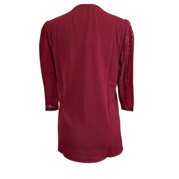 Messic Womens Burgundy V-Neck Blouse With Sheer Polka Dot 3/4 Sleeves Medium - Picture 3 of 9